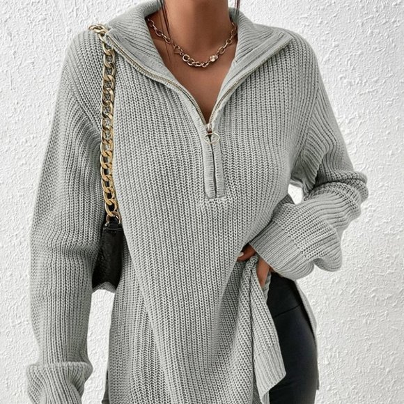 . Sweaters - Casual zipper detailed Split Hem Sweater gray